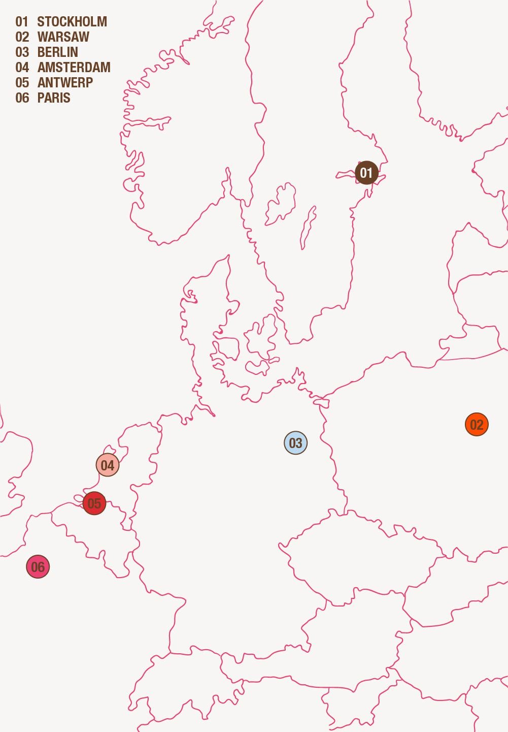 Kaart van Europa met zes steden gemarkeerd. Steden zijn aangegeven met gekleurde cirkels; de namenlijst bevat Stockholm, Warschau, Berlijn, Amsterdam, Antwerpen en Parijs.