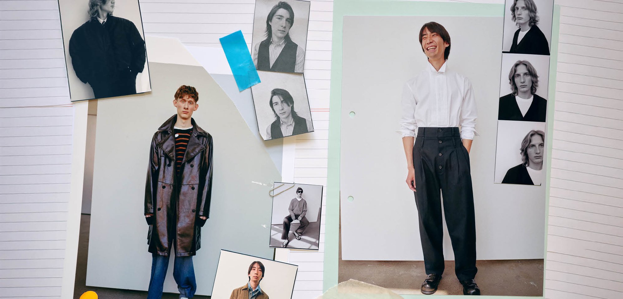 Collage mettant en avant la photographie de mode masculine : un mannequin dans un manteau en cuir noir, une chemise rayée, des images de tenues formelles et décontractées, ainsi que des accents en papier.