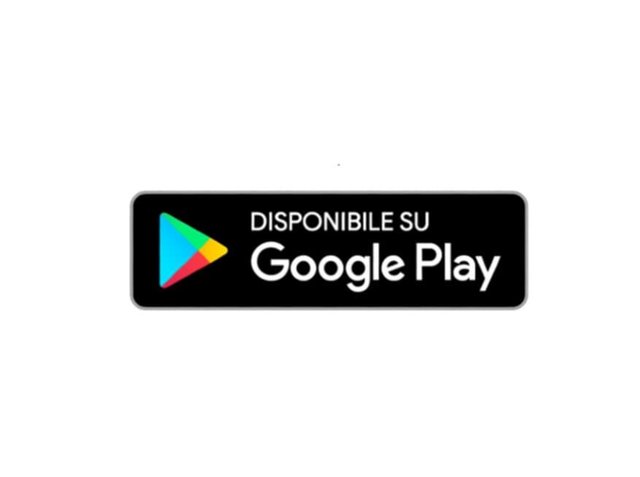 Striscione rettangolare nero con testo bianco "DISPONIBILE SU" sopra la parola "Google Play" e un'icona di pulsante multicolore a sinistra.