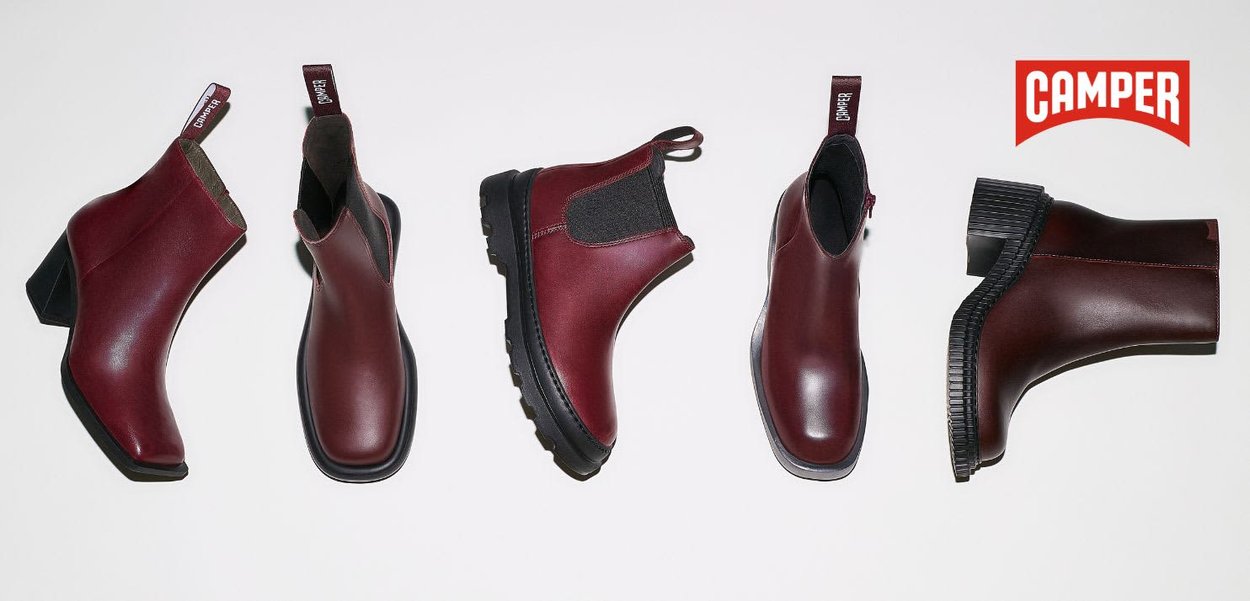 Bottines bordeaux en cuir lisse, avec des panneaux latéraux élastiques et des talons de hauteurs variées, présentées sous plusieurs angles.