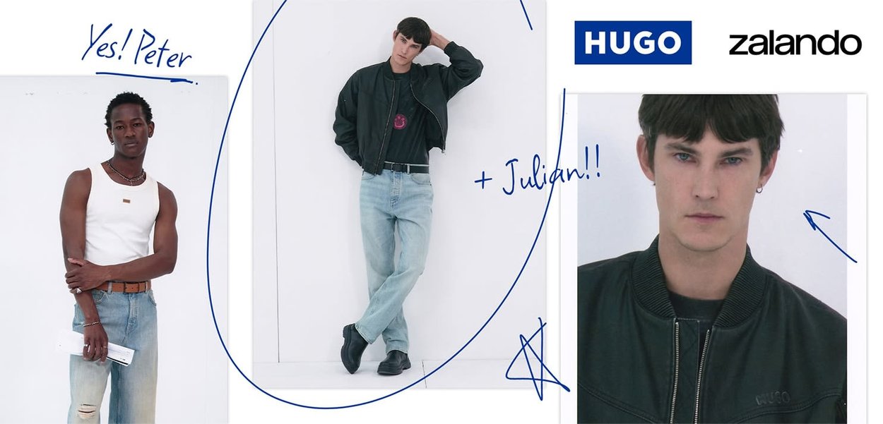Dwaj męscy modele pozują w codziennych strojach: jeden w białym podkoszulku i dżinsach, drugi w czarnej kurtce i jasnych dżinsach, z logo marek Hugo i Zalando.