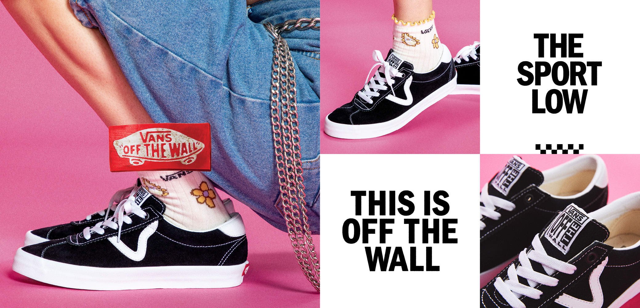 Schwarze Sneakers in Niedrigform mit weißen Akzenten, ausgestattet mit einem strukturierten Canvas-Obermaterial, gummierter weißer Sohle und auffälligen Logo-Patches. Rosa Hintergrund.