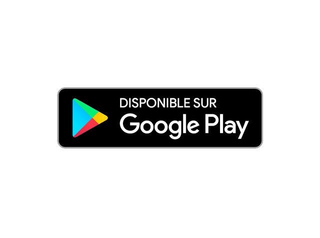 Étiquette rectangulaire noire avec des coins arrondis, présentant un logo triangulaire multicolore et le texte "DISPONIBLE SUR Google Play" en police blanche.