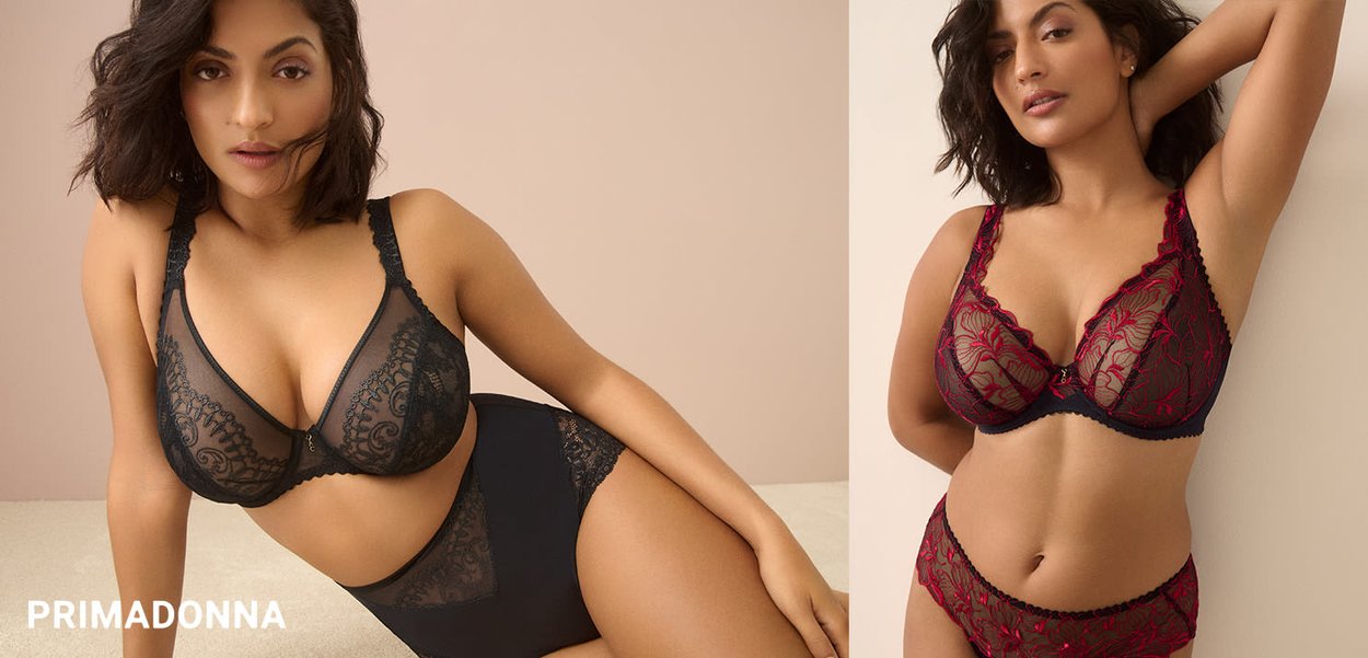 Ensemble soutien-gorge et culotte en dentelle noire à gauche, orné de motifs floraux complexes. À droite, un ensemble en dentelle florale bordeaux et noire avec un détail en nœud.