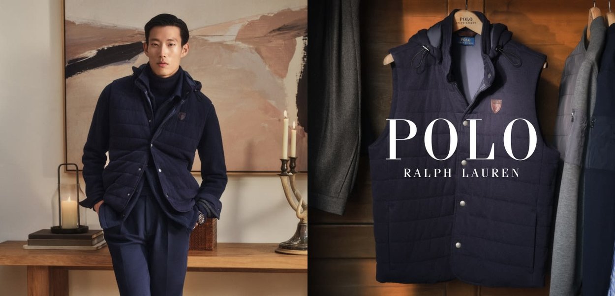 Uomo con gilet trapuntato blu navy e dolcevita, in piedi all'interno accanto a un tavolo di legno con candele; gilet blu navy esposto insieme ad abbigliamento con il logo Polo Ralph Lauren.