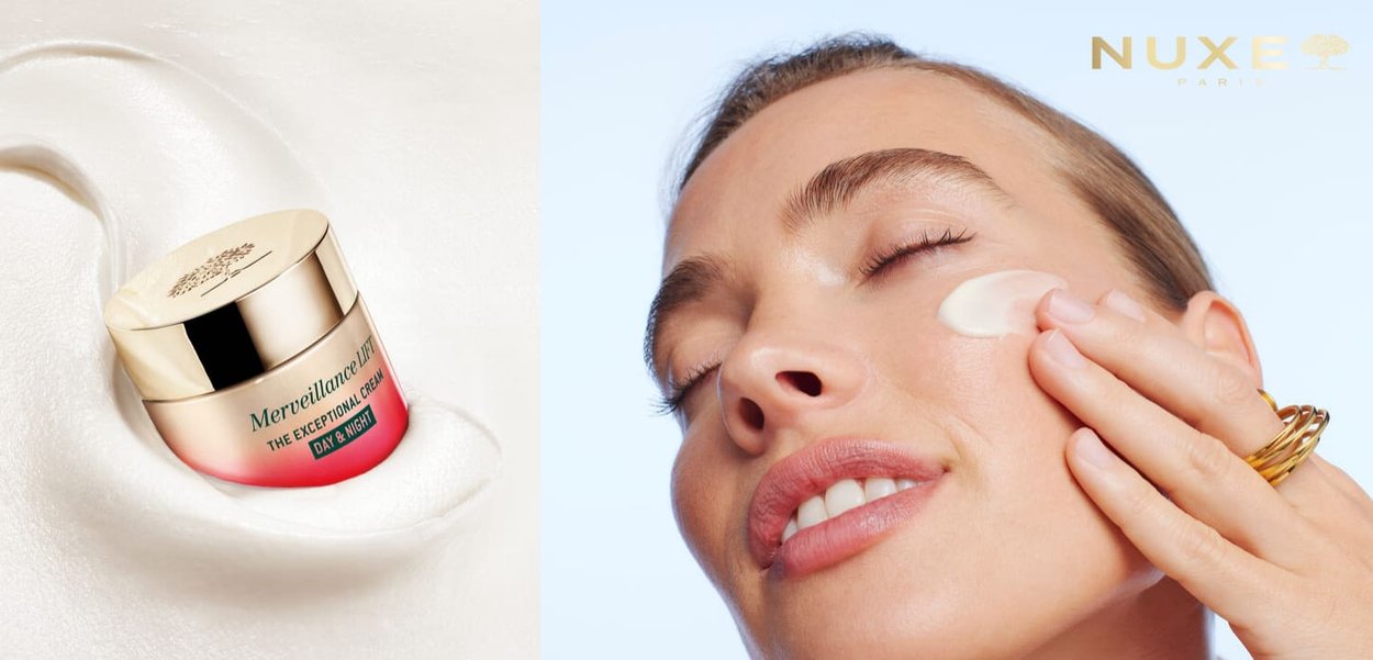 Pot de crème Lift Merveillance en dégradé rose et or, avec une surface lisse et brillante; personne appliquant de la crème blanche sur la joue. Texture douce et lumineuse.