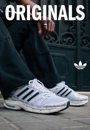 Scarpe sportive bianche con tomaia in mesh, dettagli argento e tre strisce nere. Presentano una suola ammortizzata e un design con lacci.