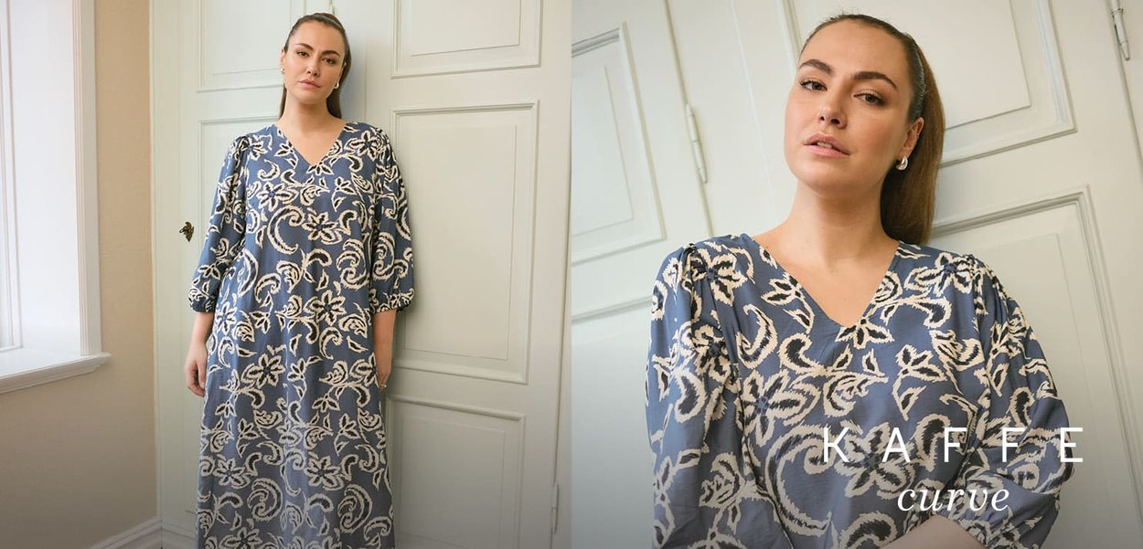 Blue floral-patterned dress with a V-neck, 3/4 puff sleeves, and a flowing silhouette. Fabric has a textured finish with white accents.