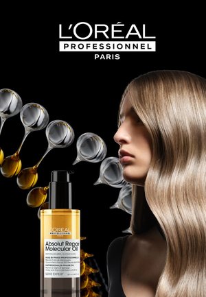 La bouteille de L'Oréal Professionnel Absolut Repair Molecular Oil présente un liquide jaune clair avec une pompe noire, le tout sur fond sombre.