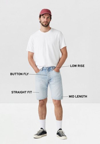 Los pantalones cortos de mezclilla azul claro presentan una cintura baja, cierre de botones y un corte recto de longitud media. Combinados con una camiseta blanca y zapatillas negras.