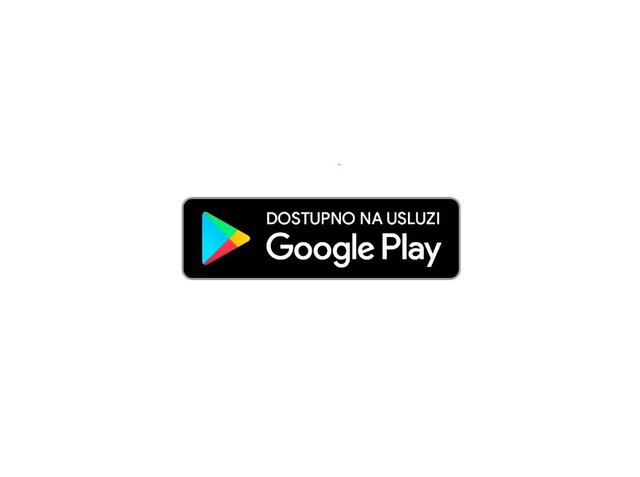 Crni pravokutni gumb s višebojnim trokuta logom. Tekst glasi "DOSTUPNO NA USLUZI Google Play" u bijelom.