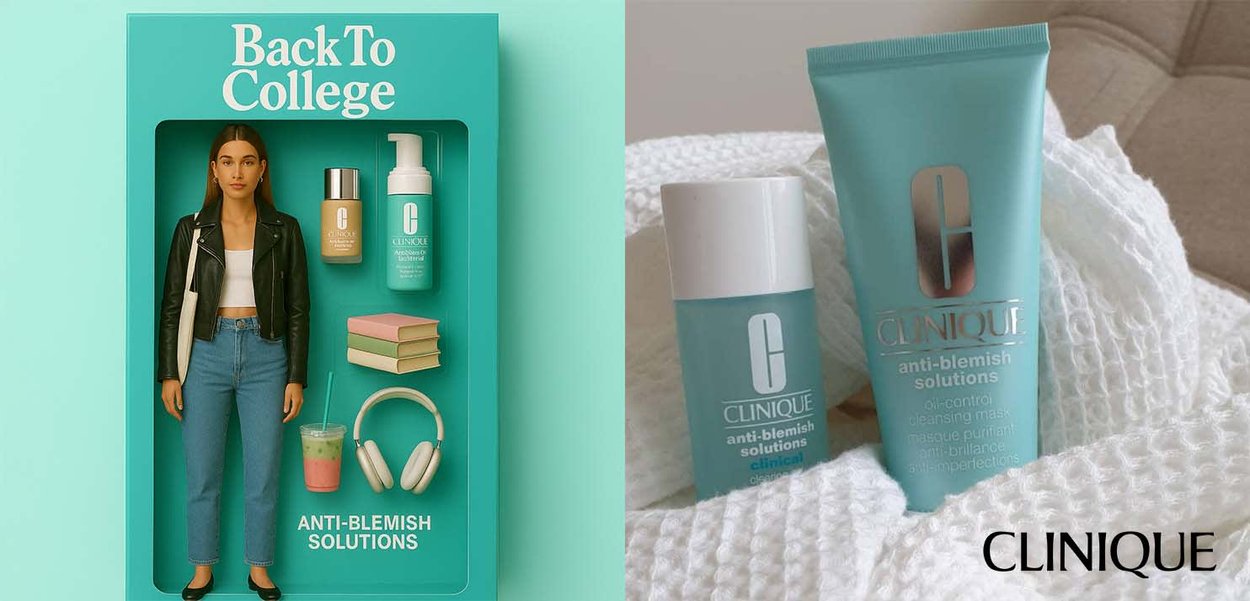 Le kit de solutions anti-imperfections de Clinique comprend une poupée, des flacons de soins de la peau, des livres et des écouteurs dans un emballage turquoise au design moderne.