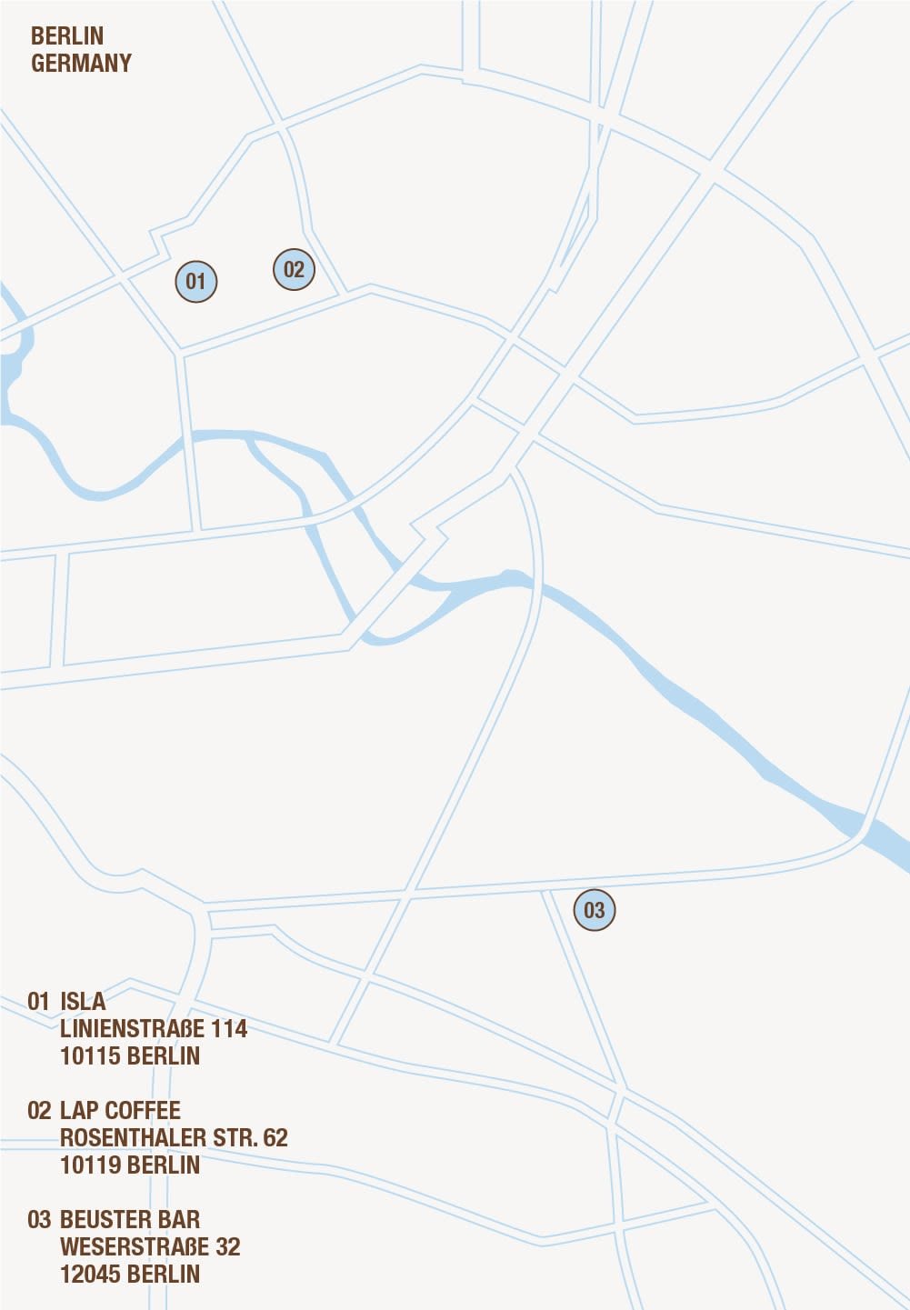 Kaart van Berlijn, Duitsland, met straten en drie locatie-aanduidingen met bijbehorende adressen, in een minimalistisch ontwerp met lichtblauwe lijnen.