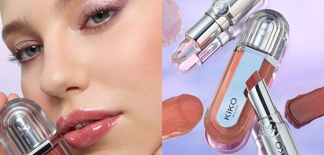 Primo piano di una donna che applica un lucido rossetto rosa, accanto a rossetti e lucidalabbra KIKO Milano su una superficie di un viola chiaro.