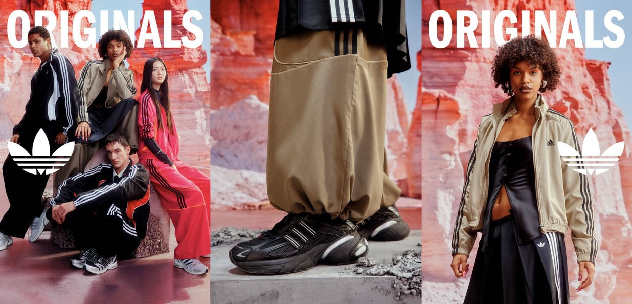 Fire forskjellige modeller, iført Adidas Originals joggedresser og joggesko, poserer foran en rød steinbakgrunn med teksten "ORIGINALS" og logoer.