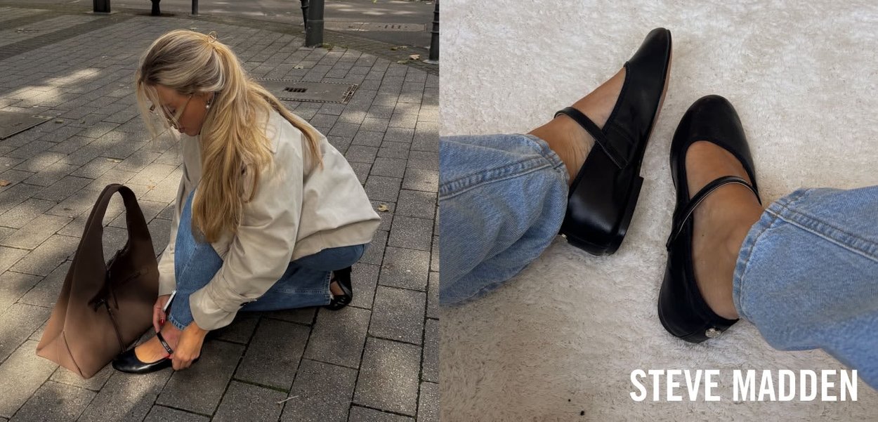 Schwarze Lacklederballerinas mit einem dünnen Riemen über dem Spann und runder Zehenpartie. Vorgestellt mit hellblauen Jeans und einer braunen Tragetasche.