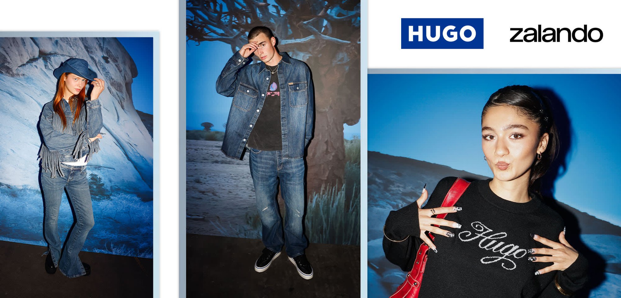 Three models showcase HUGO clothing: a black sweater with logo, denim outfits with hats, and various textures. Background features blue tones.