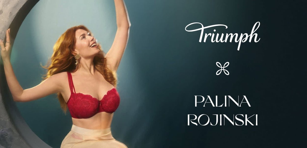 Roter Spitzen-BH mit verstellbaren Trägern, floralem Muster und weicher Polsterung. Das Model posiert mit einem erhobenen Arm neben einer kreisförmigen Überlagerung.