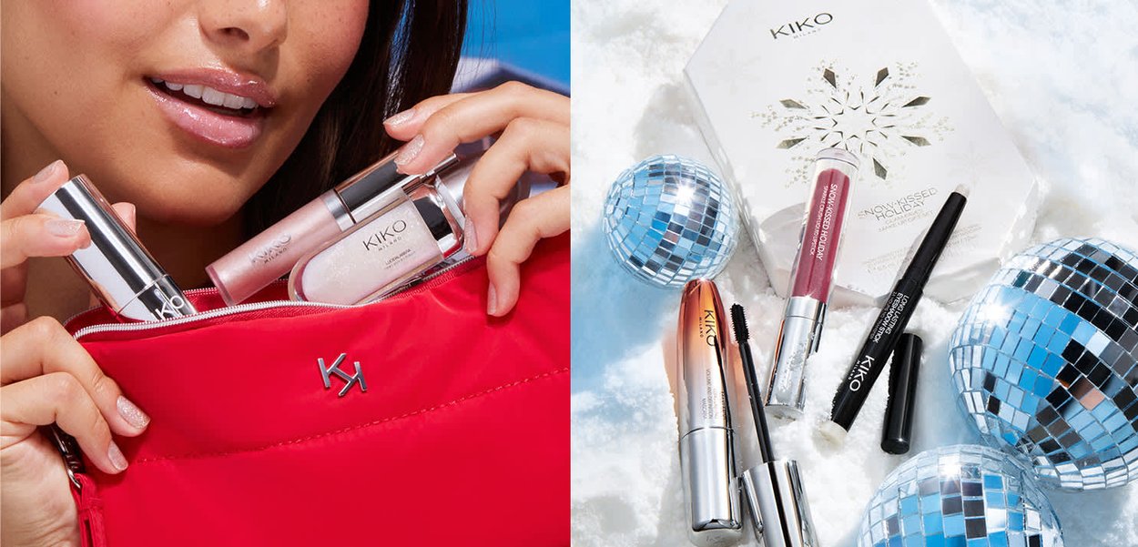 Trousse cosmétique rouge avec accessoires en argent, présentant des produits KIKO : rouges à lèvres, mascara et une boîte cadeau de vacances sur une surface réfléchissante.