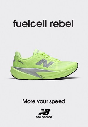 Lime green athletic shoe with a breathable mesh upper, silver accents, and a distinctive cushioned sole. Features the logo "fuelcell rebel."
