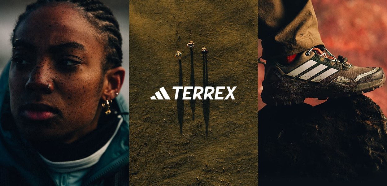 Des chaussures Terrex noires et vertes avec des rayures blanches, posées sur un terrain rocheux. Au centre se trouve le logo Terrex et trois silhouettes ombragées en arrière-plan.