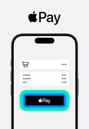 Écran de smartphone affichant l'interface d'Apple Pay. Bouton noir avec texte blanc sur un fond dégradé bleu-vert, avec des icônes de panier et de liste.