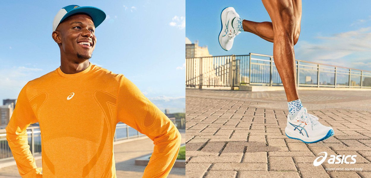 Uomo con camicia arancione a maniche lunghe e berretto blu che sorride all'aperto; primo piano delle gambe di un corridore con scarpe Asics bianche in fase di corsa su un sentiero asfaltato.