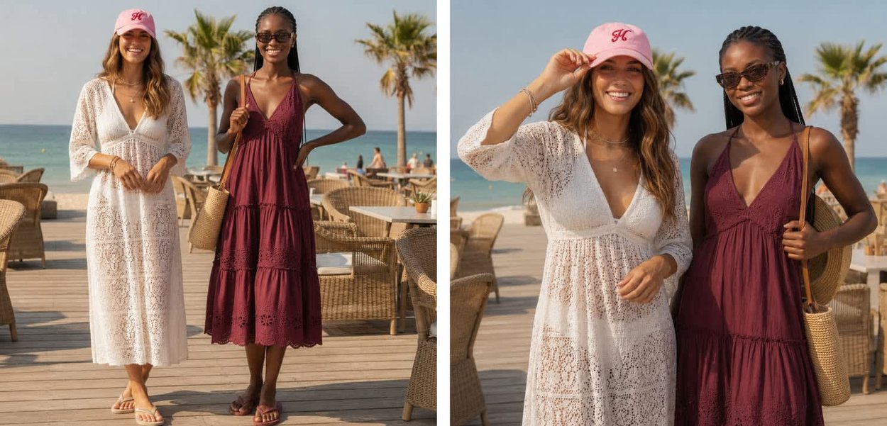 Due donne in vestiti estivi sono in piedi su un ponte in legno vicino alla spiaggia con palme e sedie di vimini sullo sfondo.