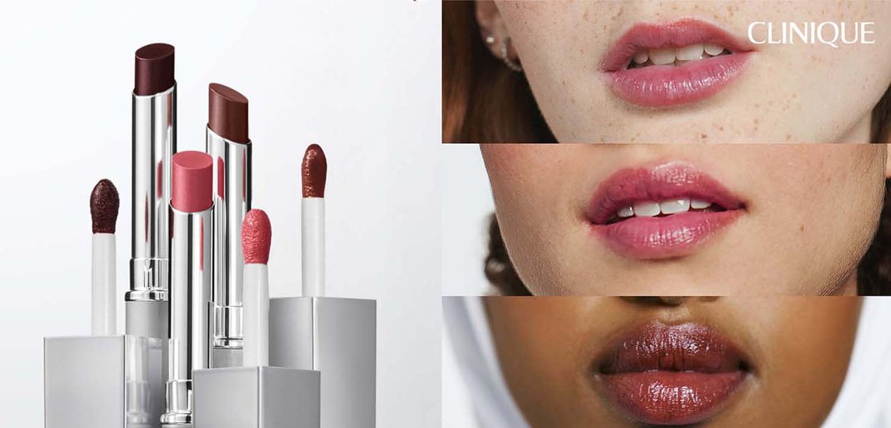 Rouges à lèvres Clinique dans différentes teintes, notamment rouge profond, rose et marron avec des finitions brillantes. Exposés avec des lèvres montrant les couleurs appliquées.