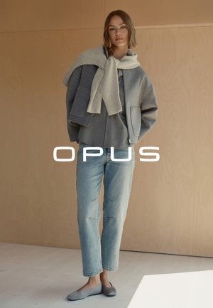 Grijze wollen jasje gelaagd over een grijze blouse, gecombineerd met lichtblauwe rechte jeans en grijze ballerina's. Gepresenteerd tegen een licht houten achtergrond.
