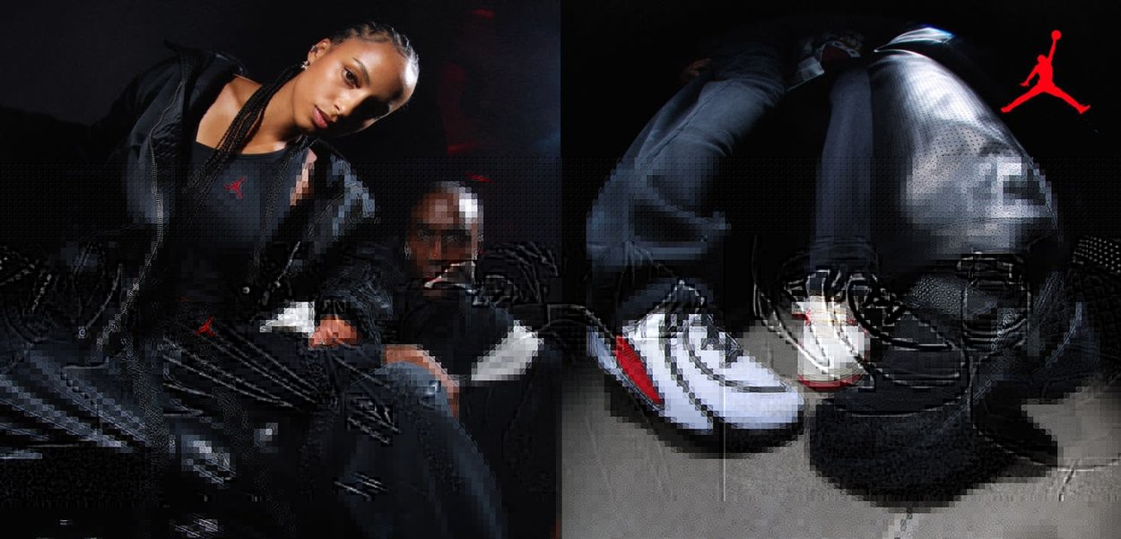 Twee mensen gekleed in zwarte sportkleding en witte en zwarte sneakers met rode accenten, geposeerd tegen een donkere achtergrond.