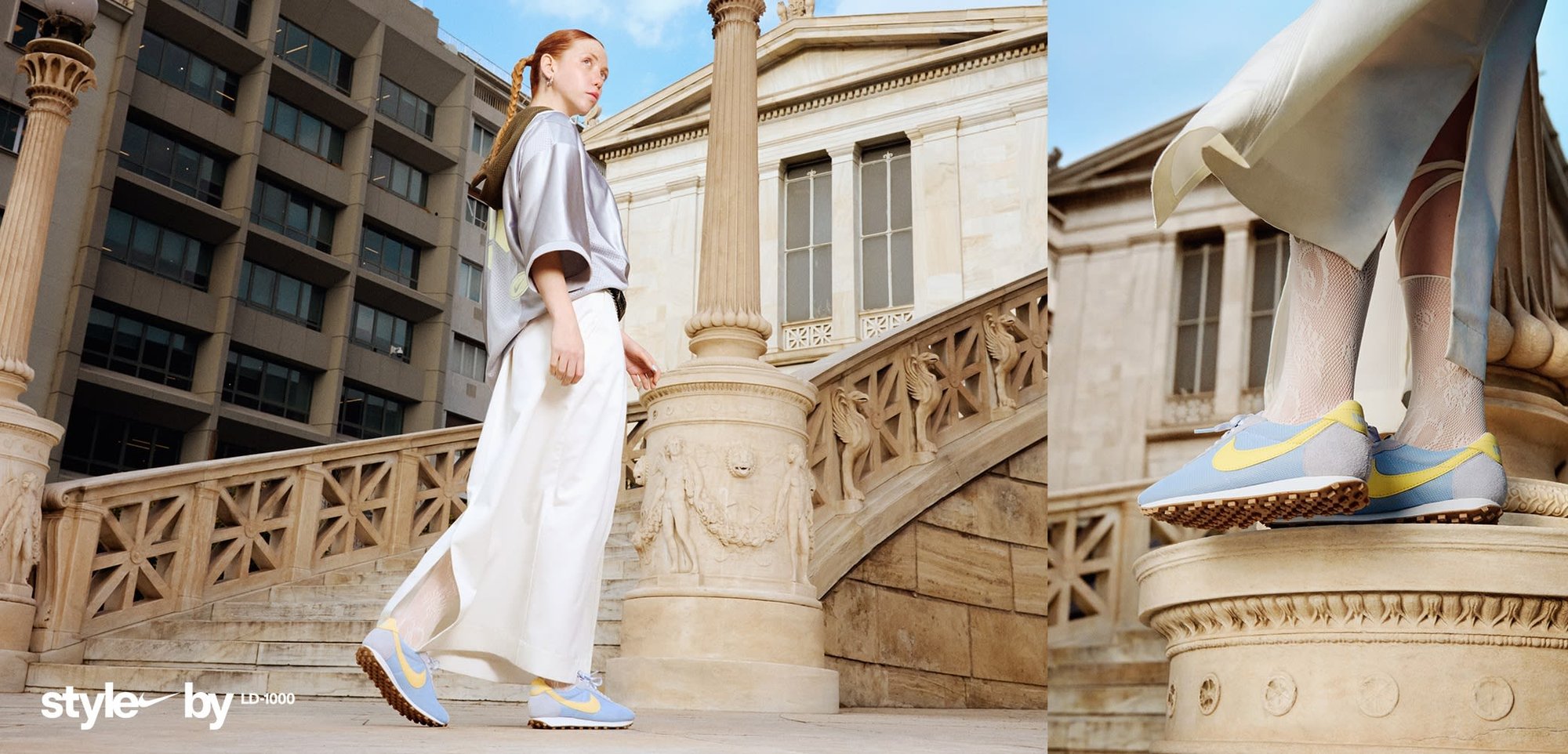 Blue mesh and suede sneakers feature yellow accents and a textured sole. Worn with white patterned fishnet socks, displayed on a stone pedestal.