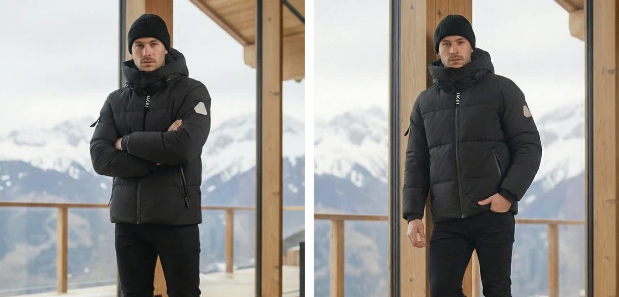 Uomo con giacca invernale nera e berretto invernale, in piedi al chiuso con montagne innevate visibili attraverso grandi finestre dietro di lui.