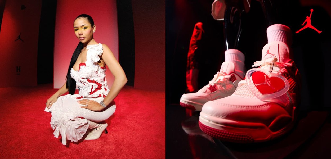 Donna in abito bianco e rosso inginocchiata su un tappeto rosso; primo piano di scarpe da ginnastica bianche con etichette a forma di cuore e logo Jumpman rosso sullo sfondo.