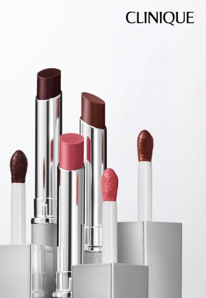 Clinique lip products in silver packaging; includes two lipsticks (dark brown, pink) and three lip glosses (red, pink, copper) with applicators.