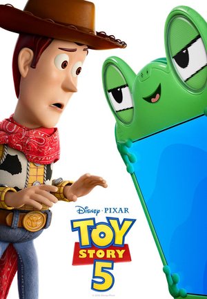 Cowboy-Puppe mit rotem Halstuch sieht überrascht auf ein großes grünes Froschtelefon mit Augen und einem Lächeln, darunter das Toy Story 5-Logo.
