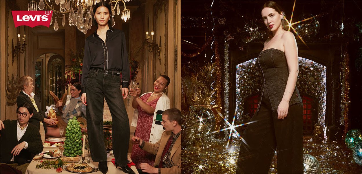 Chemise en denim noir et jean portés par un mannequin dans une pièce ornée ; un autre mannequin porte un top en denim noir sans bretelles avec un pantalon à jambes larges au milieu d'une décoration scintillante.