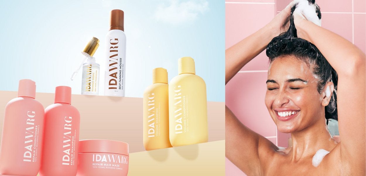 I prodotti per la cura dei capelli IDAWARG includono shampoo rosa, balsamo e maschera per capelli, insieme a una mousse autoabbronzante bianca su uno sfondo azzurro chiaro.