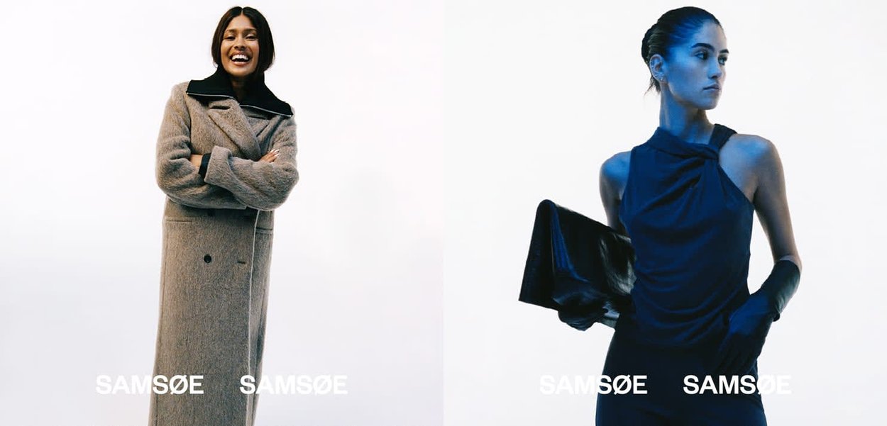 To modeller viser mote: til venstre, en lang grå ullblanding kåpe med krage; til høyre, en tettsittende blå ermeløs kjole med et draperi.