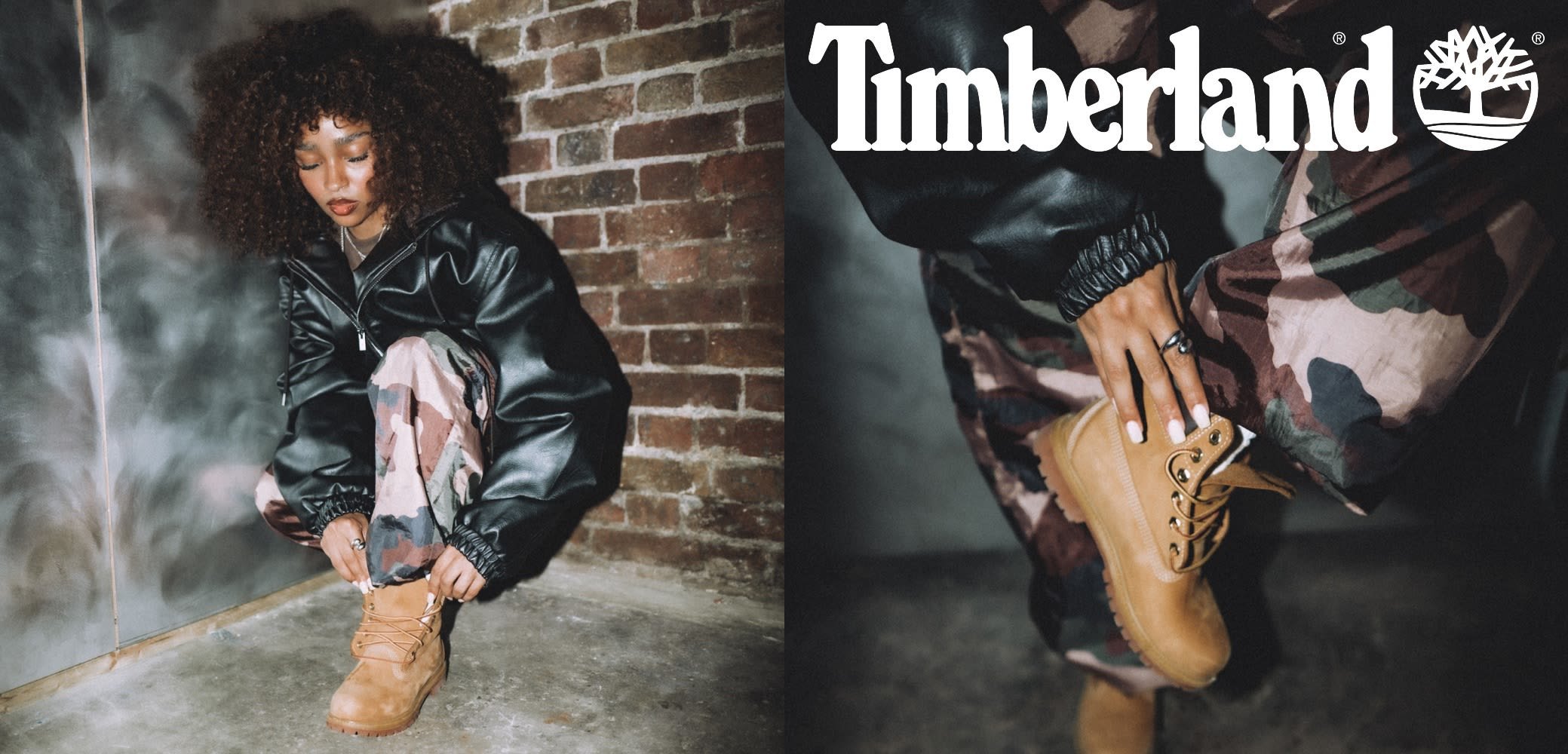 Tan Timberland-Stiefel mit Schnürsenkeln und goldenen Ösen, kombiniert mit Camouflage-Hosen und einer schwarzen Bomberjacke. Strukturiertes Leder und Gummisohle.