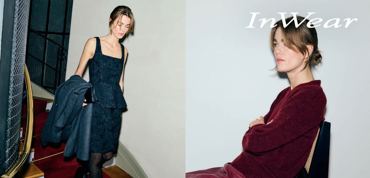 Navy peplum dress with lace texture and thin straps, paired with a grey coat; right image shows a woman in a burgundy sweater, seated.