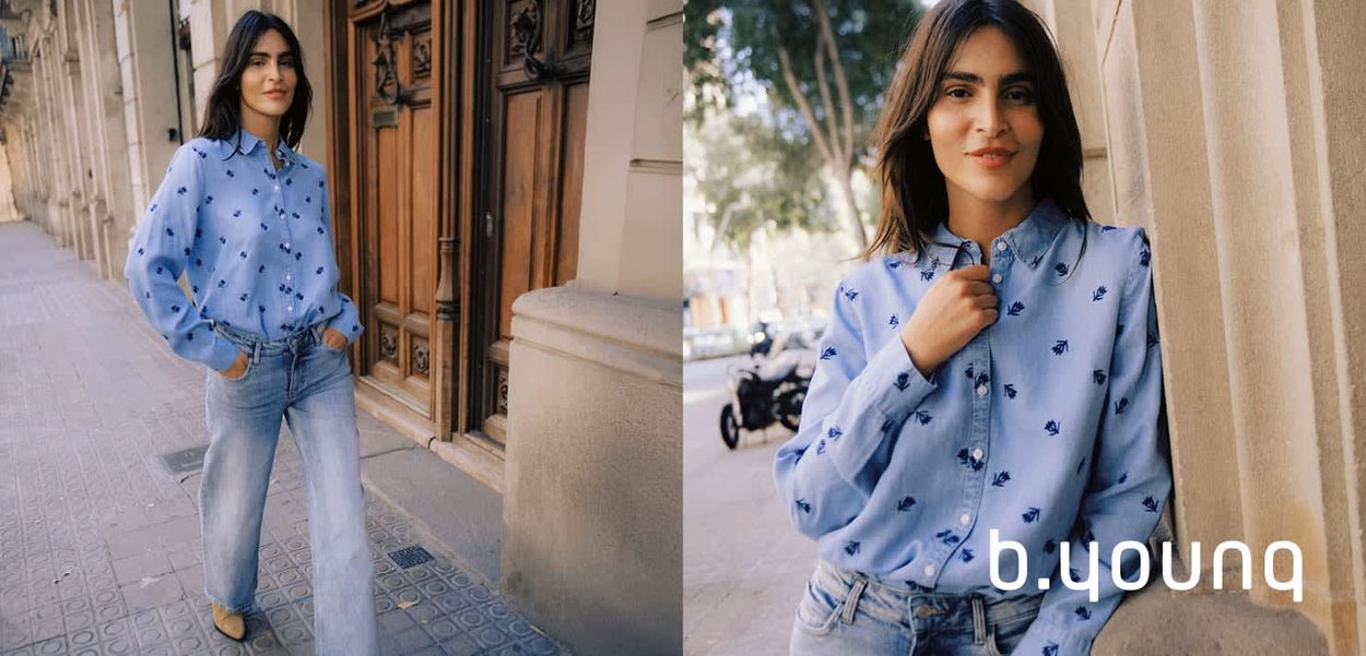 Hellblaues Hemd mit dunkelblauen Blumenmustern, zum Knöpfen, lange Ärmel, kombiniert mit hellblauen Jeans und beigen Schuhen.