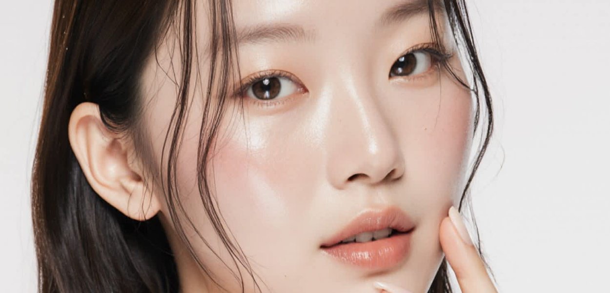 Primer plano de un rostro con piel suave y clara, rubor sutil, labios rosados suaves y ojos marrón oscuro, enmarcado por cabello largo y oscuro.