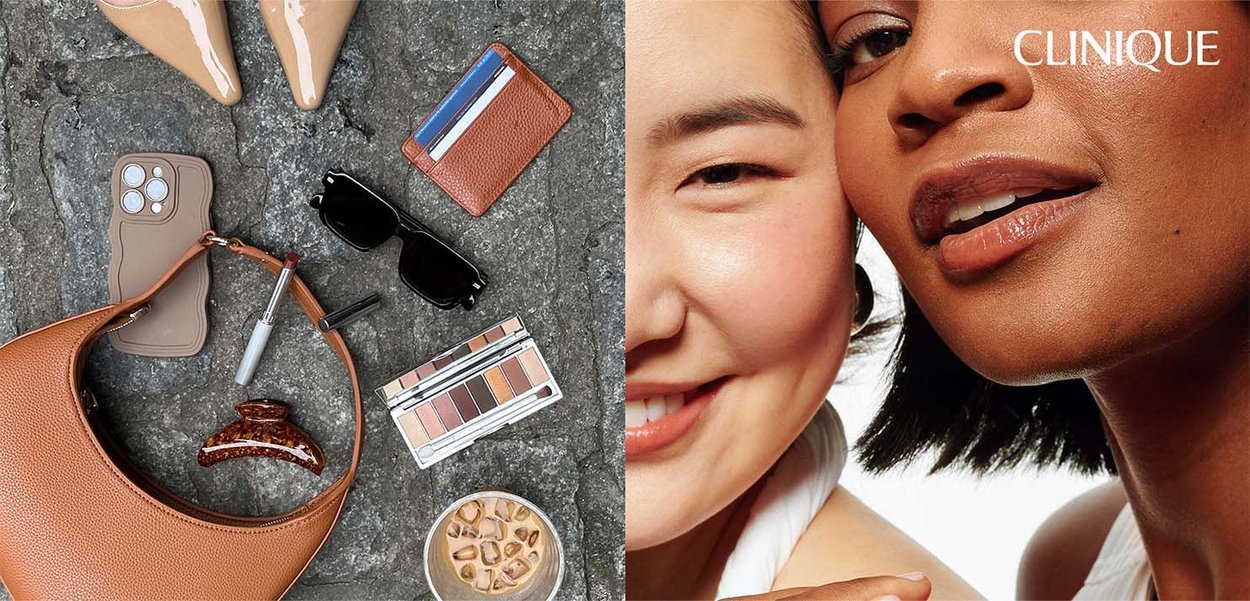 Sac à main en cuir marron, talons beiges, housse de smartphone, lunettes de soleil, portefeuille, produit à lèvres, palette de maquillage, café glacé. Deux femmes souriantes.