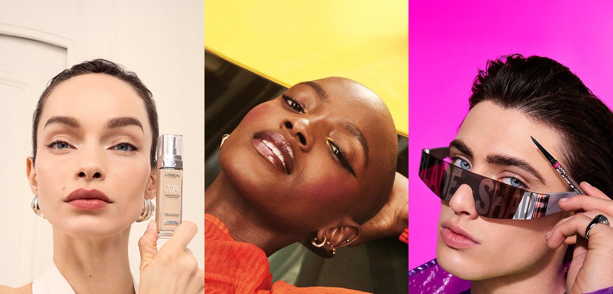 Tres modelos muestran cosméticos: la de la izquierda sostiene una base de maquillaje, la del centro lleva un rubor y delineador de ojos audaces, y la de la derecha usa gafas reflectantes y sostiene un lápiz delineador.