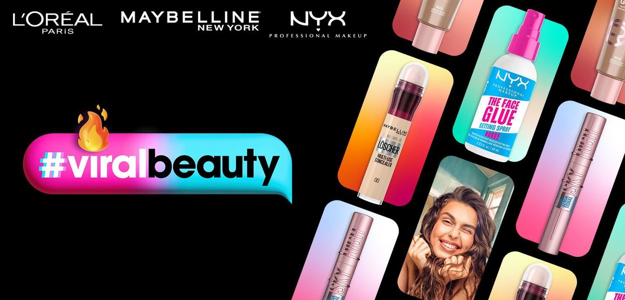 Cosmetic products displayed include a pink spray bottle, a tan concealer, and a brown mascara, with colorful backgrounds showcasing brand logos.
