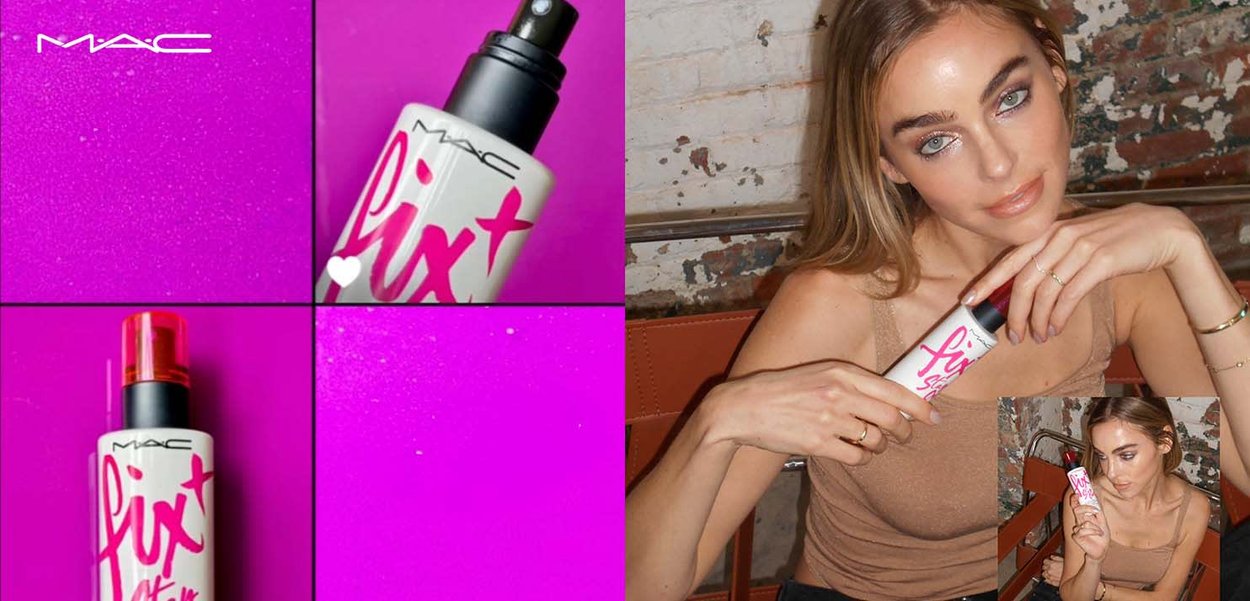 Spray MAC Fix+ w przezroczystej butelce z różową pompą. Ma odważny różowy napis na białej etykiecie. Tło jest teksturowane w odcieniu różowego.