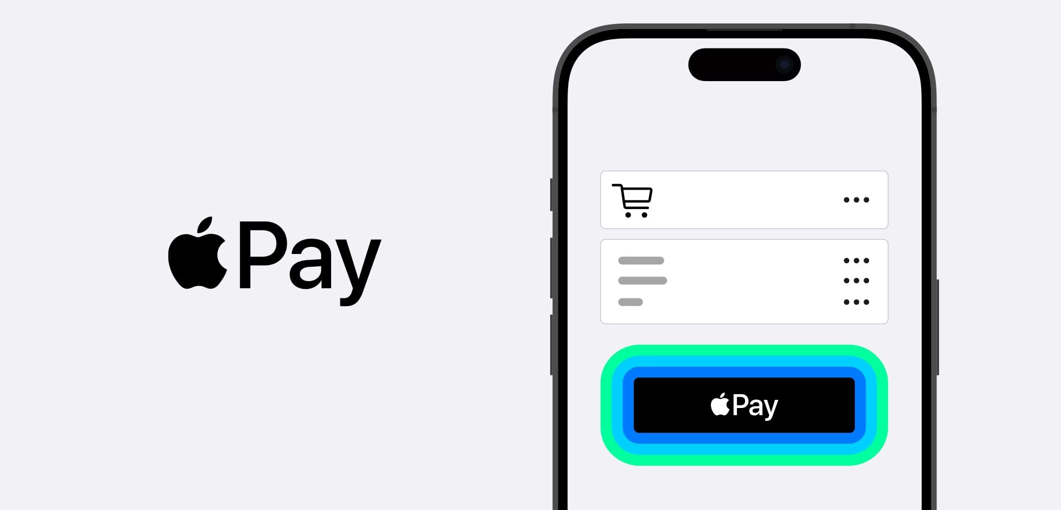 Črn pametni telefon prikazuje plačilno vmesnik z vidno modro in zeleno obrobo gumbom z oznako "Apple Pay." Siva ozadje.