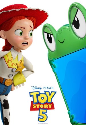 Cowgirl-Puppe mit rotem Hut und besorgtem Gesichtsausdruck steht einer großen grünen Frosch mit großen Augen gegenüber, die ein blaues rechteckiges Objekt hält.