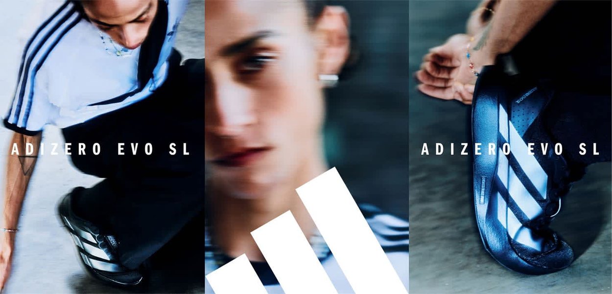 Atleta con ropa de Adidas realizando un movimiento dinámico, enfocándose en los ligeros zapatos Adizero Evo SL y una expresión intensa.